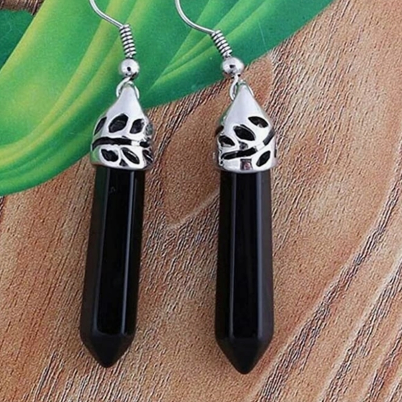 Onyx Hexagonal Chakra Energy Healing Stone Dangle Drop Earrings NWT - Picture 2 of 2